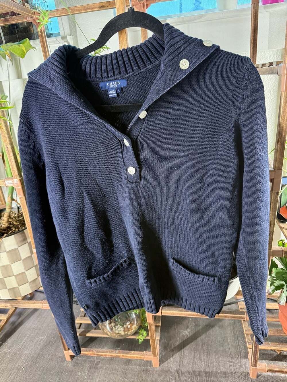 Chaps Hooded Sweater Size L Navy Blue Cotton Button Front Pockets